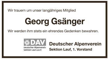Traueranzeige von Georg Gsänger von Pegnitz-Zeitung